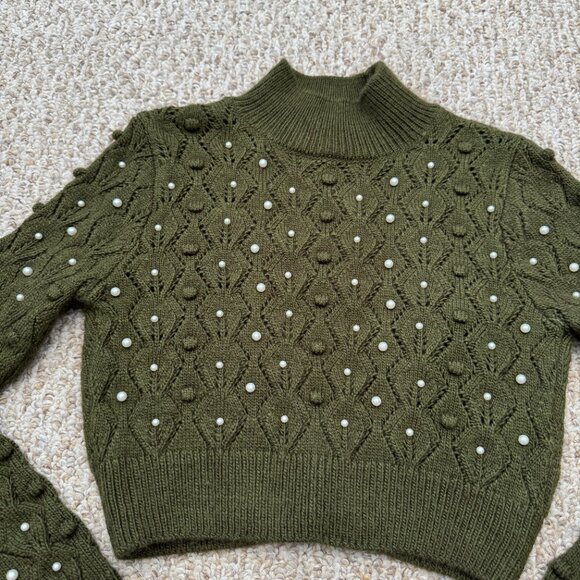 Zara Green Open Back Knit Sweater w/ Pearl Small Holiday Elegant Fun - Picture 7 of 14